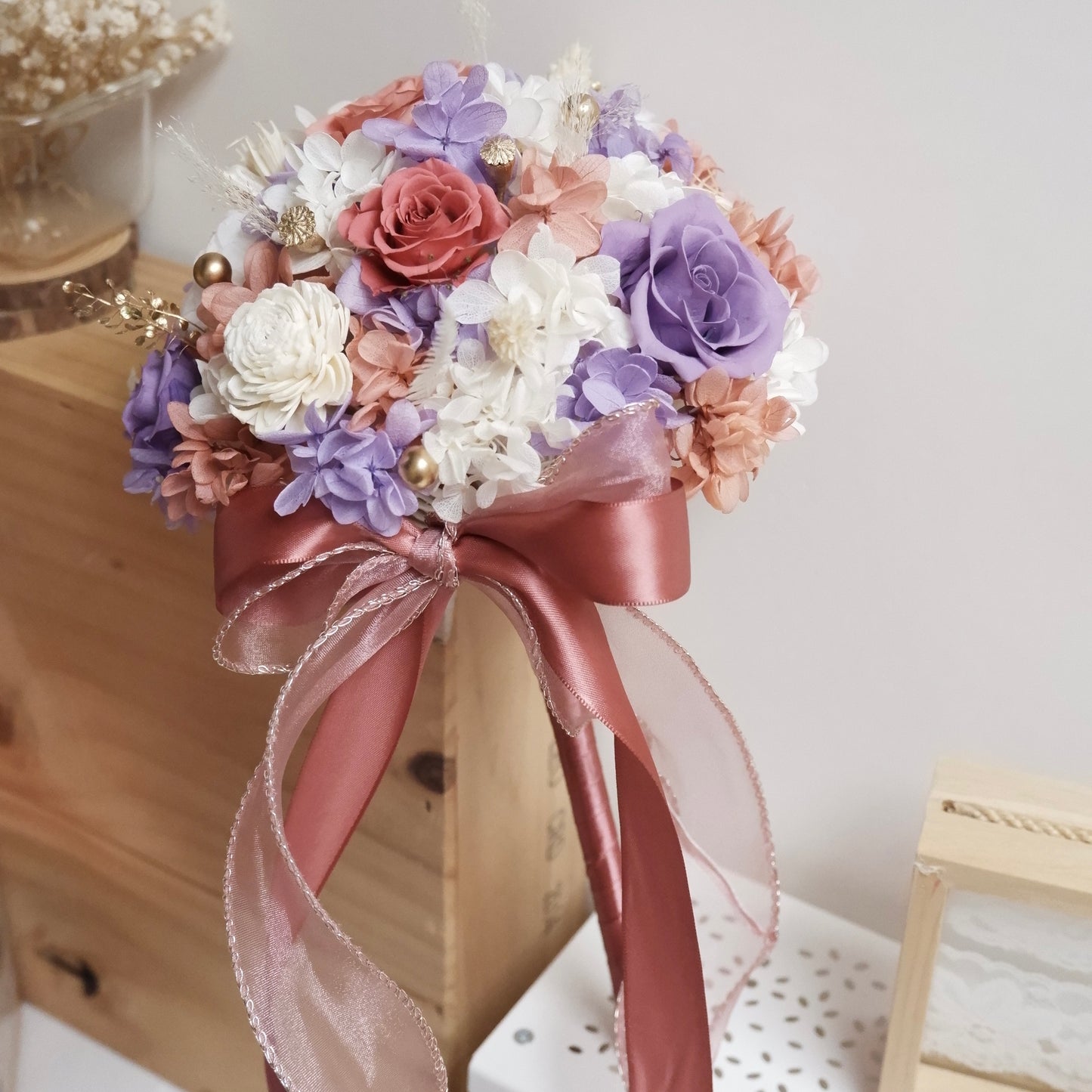 紫紅色保鮮花圓形花球｜Wedding Bouquet